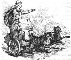 Norse Goddess Freya and her cat drawn chariot